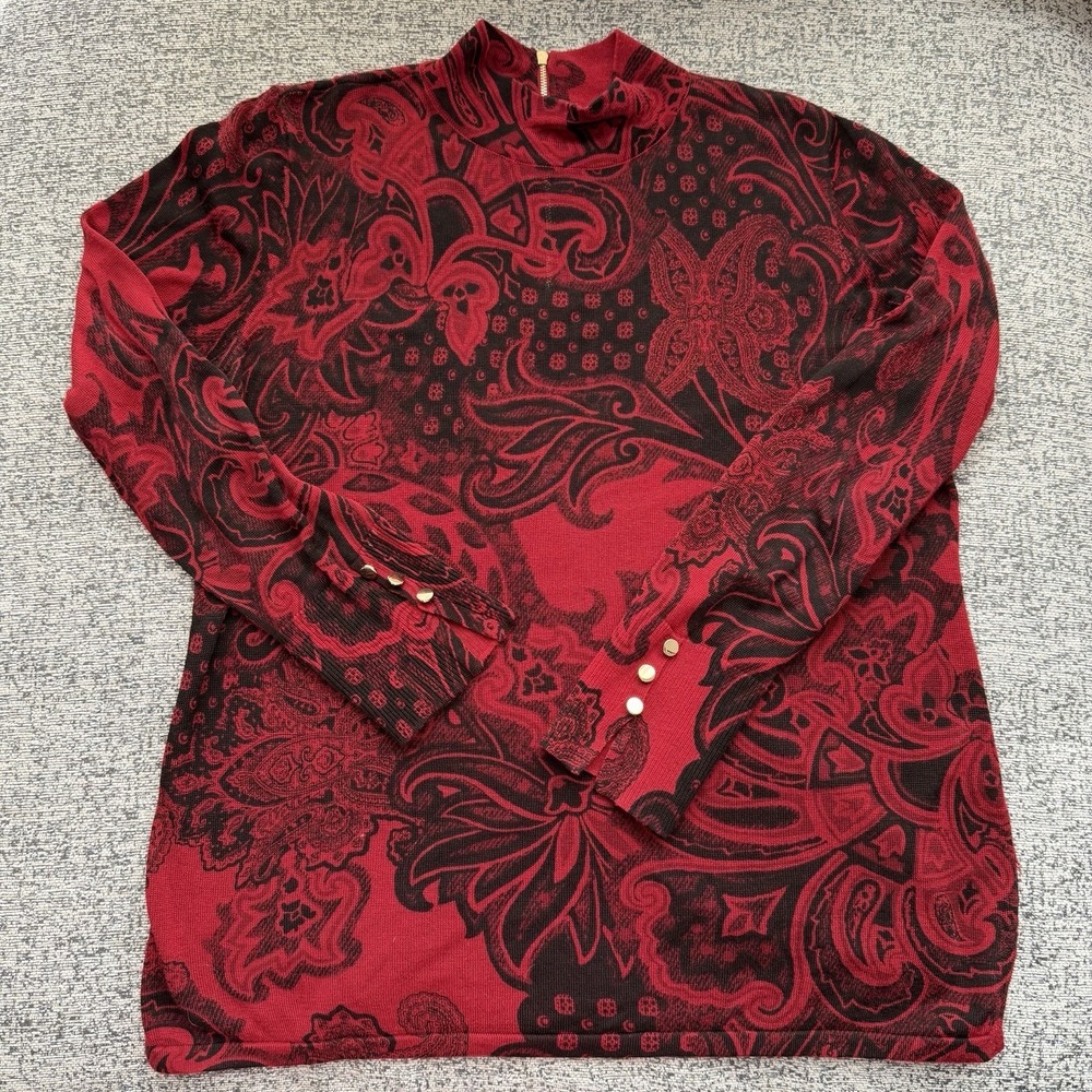 Chico's Red Black Paisley Floral Knit Top Size 2 Mock Neck Button Sleeve